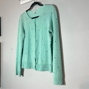 Halogen Cardigan Sweater Mint Green Polka Dot Cashmere Button Up Size Large Flaw - Picture 1 of 11