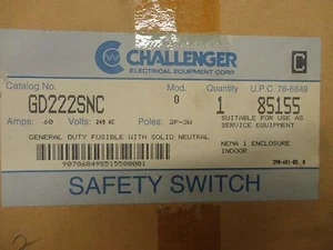 CHALLENGER GD222SNC 60A 240AC 2P-3W SAFETY SWITCH; INDOOR ENCL. - Picture 1 of 1