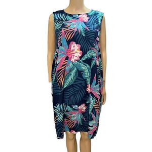 World Market Beach Cover Up Dress L/XL Tropical Print Navy Flowy Knee Length - Picture 1 of 8