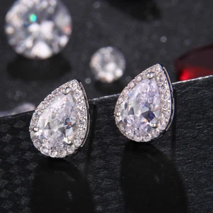 18k White Gold Filled Stud Halo Earrings made w Swarovski Crystal Pear Stone - Picture 1 of 12