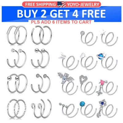 1Pair Single/Double Hoop Nose Ring Surgical Steel Lip Ring Tragus Earrings 20G - Image 1 of 4