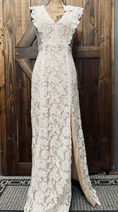 Lulus Moment in Time White Lace Ruffle Maxi Wedding Cocktail Dress Sz L - Picture 1 of 14