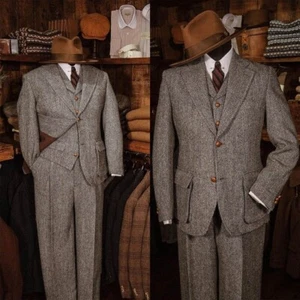 Herringbone-Anzug aus Tweed Einreihiger Reversekragen Winter Business Anzug - Bild 1 von 26