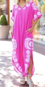 NWT J.Marie Luna Embroidered Maxi Kaftan Dress Pink White Size Medium - Bild 1 von 9