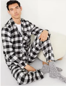 Men's Pajama Set Large 2 Pc Plaid Flannel Black & White NWT Old Navy - Picture 1 of 5