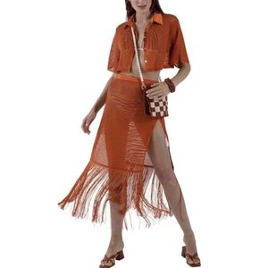 Falda My Beachy Side Crochet Flecos Cubrir Naranja Playa Bohemia Talla OS - Imagen 1 de 11