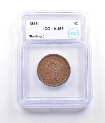 1856 Braided Hair Large Cent Slanting 5 AU55 ICG *6977 - Image 1 of 3