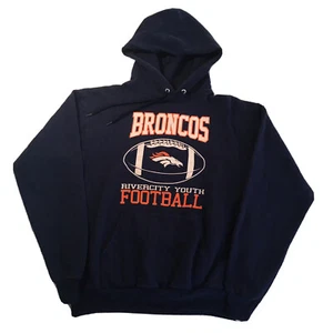 Vintage 90s Football Hoodie Mens Medium Blue Pullover Broncos Logo Streetwear - Picture 1 of 8