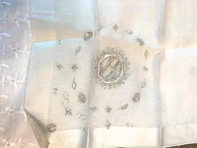 Vintage H monogram Wedding Hanky Madeira tag white on white 14" - Image 1 of 4