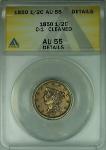 1850 Braided Hair Half Cent Coin C-1  ANACS AU-55 Details-Cleaned