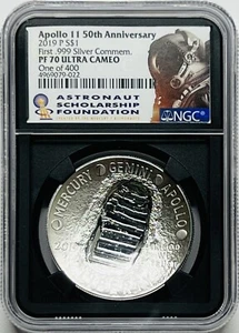 2019 P APOLLO 11 SILVER PROOF 50TH ANNIV. NGC PF70 UCAM 1/400 ~BO BOBKO SIGNED - Picture 1 of 2