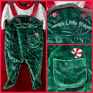 Baby WEIHNACHTSSTRAMPLER Gr. 0-3 M Crushed GRÜN Velour Lätzchen Nikolaus kleiner Helfer - Bild 1 von 23
