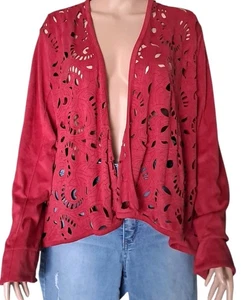 Erin London Women’s Open Front Cardigan Jacket L Red Laser Cut Floral Design... - Picture 1 of 12