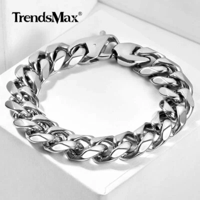 15mm 8" Mens Womens Silver Cuban Curb Link Bracelet 316L Stainless Steel Chain - Image 1 of 4