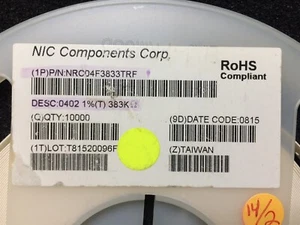 NRC04F3833TRF NIC RES Thick Film 0402 383K Ohm SMD T&R ROHS 8800 PIECES - Picture 1 of 1