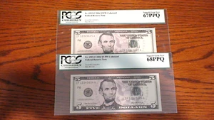 TWO 2006  FIVE DOLLAR BILLS PCGS GEM 67 & 68 PPQ $5.00 NOTES  BUY IT NOW! - Picture 1 of 3