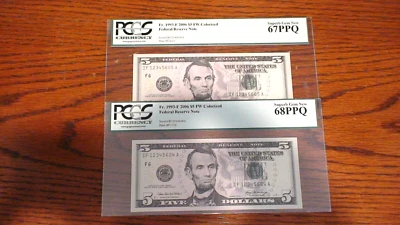 TWO 2006  FIVE DOLLAR BILLS PCGS GEM 67 & 68 PPQ $5.00 NOTES  BUY IT NOW! - Image 1 of 3