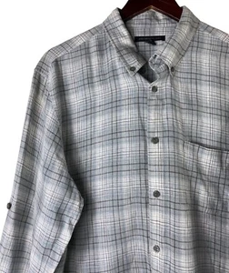 John Varvatos Mens Large Shirt Button Down 100% LINEN Plaid Gray Long Slv. f - Picture 1 of 6
