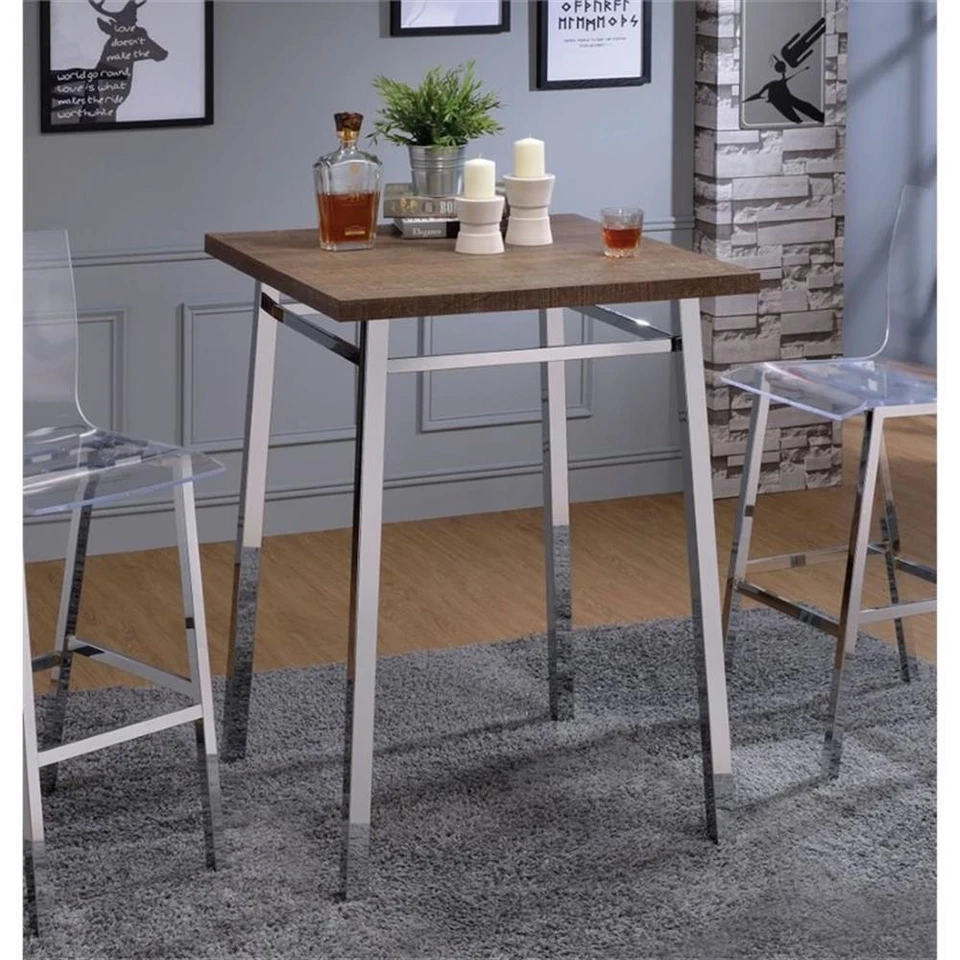 ACME Nadie Wood and Metal Square Pub Table in Oak and Chrome - Image 1 of 4