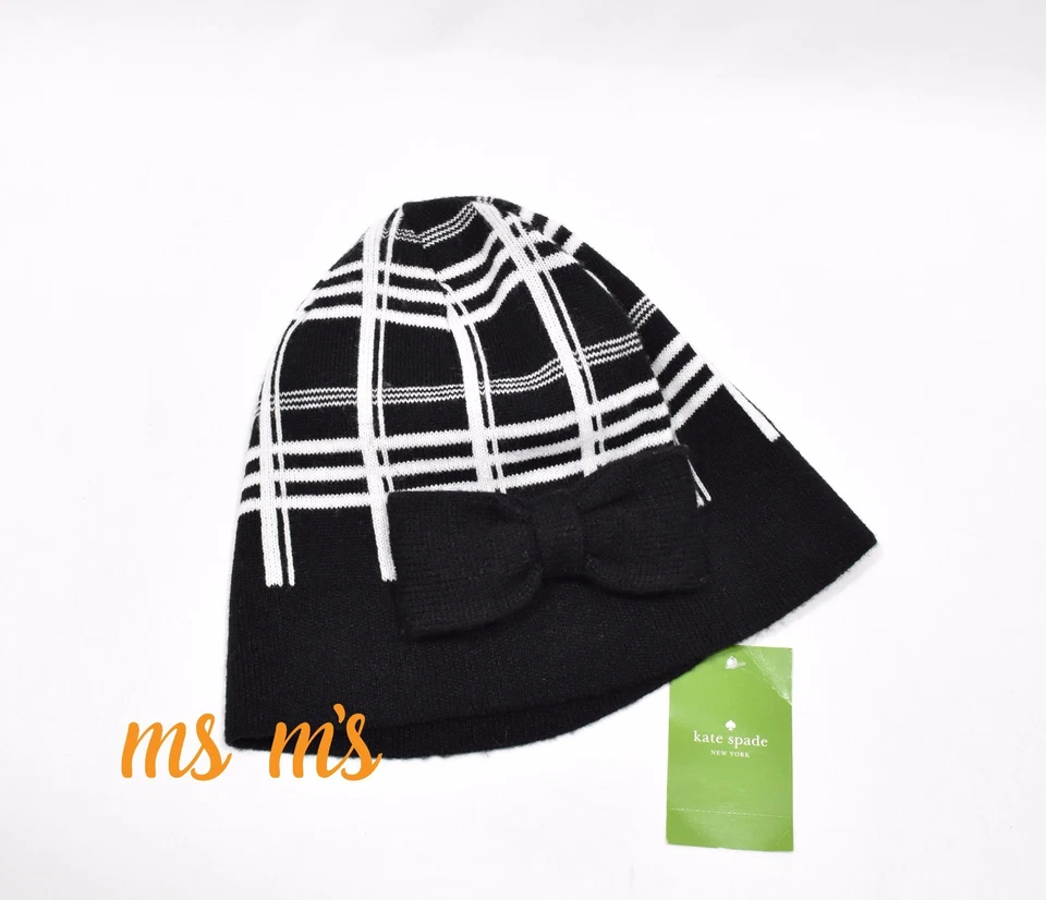 KATE SPADE New York SCUBA Plaid BEANIE Hat with BOW Black / Cream One Size