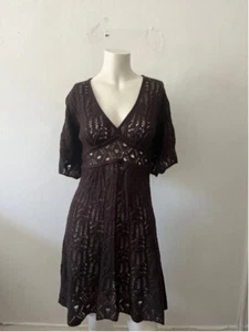 Christina Jacobs Brown v neck crochet Knit short sleeveboho western Dress Size M - Picture 1 of 6