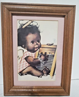 De Colección "Lavador Azul" Negro Bebé Niña Niño Ángel ~ 5x7 Enmarañado con Marco de Madera Foto 1 de 4