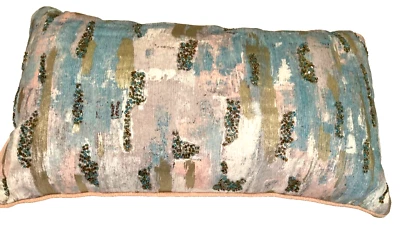 Beachy Abstract Beaded Throw Pillow Aqua Cream Gold Sand Artistic Accents 11x22 - Image 1 of 4