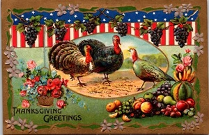 Postal de Acción de Gracias Patrióticos Uvas Frutas Flores Oro en relieve DB - Imagen 1 de 2