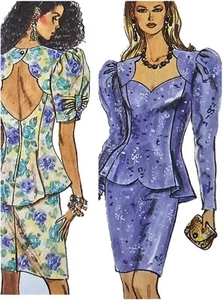 1980s Sweetheart Puff Sleeve Peplum Peep Back Sewing Pattern Simplicity 7563 - Picture 1 of 3