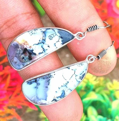 Handmade Dendrite Opal Earrings 925 Sterling Silver Plated Dangle Jewelry Gift - Image 1 of 2