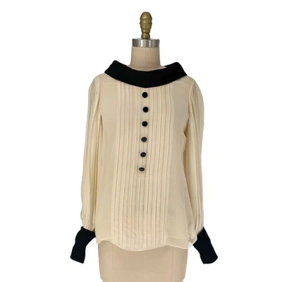 Blusa plisada de gasa de seda Robert Rodriguez para mujer talla 4 marfil/negro $495 Foto 1 de 4