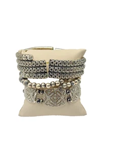 Set of 3 Silver Plated Cuff & Beaded Bracelets Textured Metal Boho Stack Bangle - Picture 1 of 7