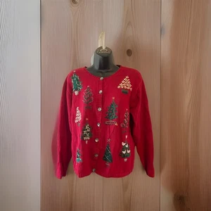 Vintage Talbots Medium Red Christmas Tree Cardigan  Bo12 - Picture 1 of 12