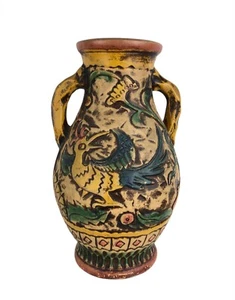 Vintage Colorful Majolica Double Handled Jug Vase 12" - Picture 1 of 11