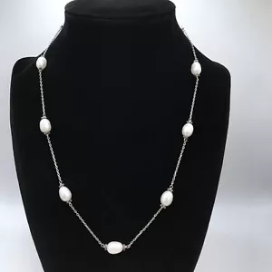 Weiße Süßwasser ovale Perlen Bahnhof Halskette Sterlingsilber Kette Karabiner - Bild 1 von 9