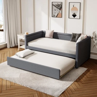 81.9 inch Twin Size Linen Upholstered Daybed with Twin Trundle & Nailhead Trim - Image 1 of 4