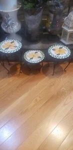 Ceramic & Iron Tile Set of 3cRound Mosaic Pattern Flower Yellow Plant Stands - Picture 1 of 8