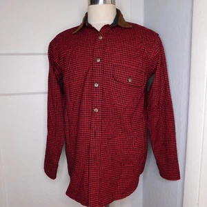 Camisa De Colección Woolrich Talla S Roja Mezcla de Lana a Cuadros Lands End EE. UU. Cuello de Cuero - Imagen 1 de 7