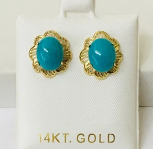 Solid 14K Yellow Gold Genuine Natural Turquoise Lacey Mounting Stud Earrings NEW - Picture 1 of 8