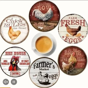 6 PIECE SET WOODEN FARMHOUSE DRINK COASTERS CHICKENS - Picture 1 of 5