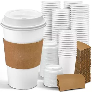 100 Pack 16 Oz Disposable Coffee Cups With Lids And Sleeves Leakproof White Pape - Picture 1 of 6