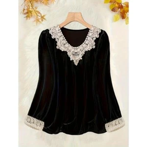 Women's Plus Size Lace Round Neck Casual Long Sleeved Solid Color Shirt - Picture 1 of 5