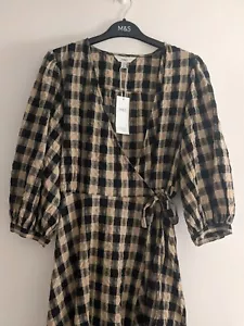 M&S Black & Tan Pure Cotton Seersucker Checked V-Neck Midi Wrap Dress UK 12 - Picture 1 of 11