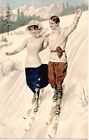 Thomas Fasche skiing couple unused postcard
