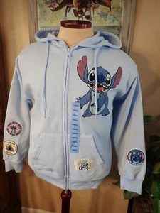 Disney Stitch Jacke Damen L blau Hoodie Patches durchgehender Reißverschluss Taschen - Neu mit Etikett - Bild 1 von 4