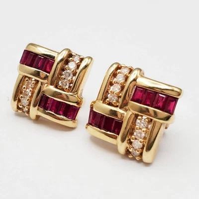 Early EFFY Diamond & Red Stone CHUNKY Yellow Gold Square Stud Posts Leverbacks - Image 1 of 4
