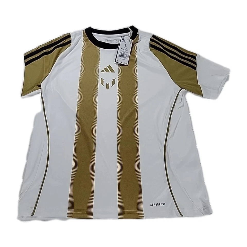 Camiseta de entrenamiento Adidas Messi para niños. Talla - L (13-14) RAYAS BLANCAS/NEGRAS/DORADAS NUEVAS CON ETIQUETAS Foto 1 de 4