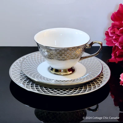 Ciroa Lattis Platinum Tea Trio – Teacup, Saucer & Salad Plate Set, Silver Trim - Image 1 of 4