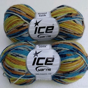 2 x50g Skeins Ice Yarns Sock Yarn Blue Grey Yellow 75% Superwash Wool Superfine - Picture 1 of 5