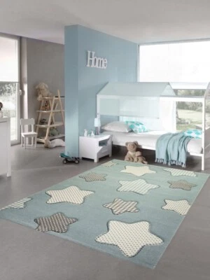 Kinderteppich Sterne Kinderzimmerteppich Junge in blau creme grau - Bild 1 von 4